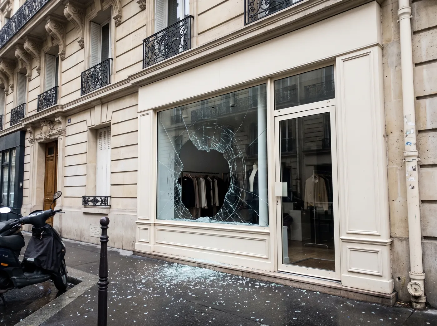 Vitrine de boutique brisée pendant la nuit dans une rue parisienne, avant sa mise en sécurité
