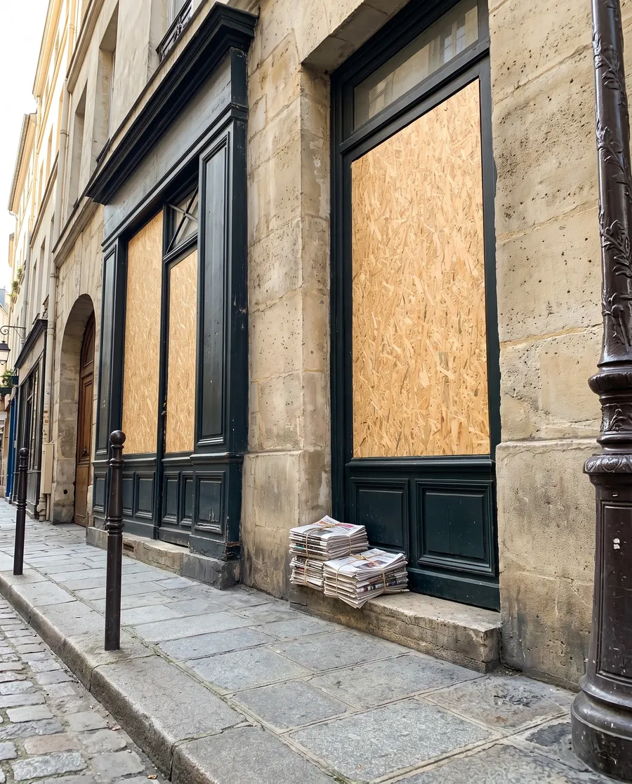 Vitrines d'une librairie parisienne condamnées par des panneaux bois
