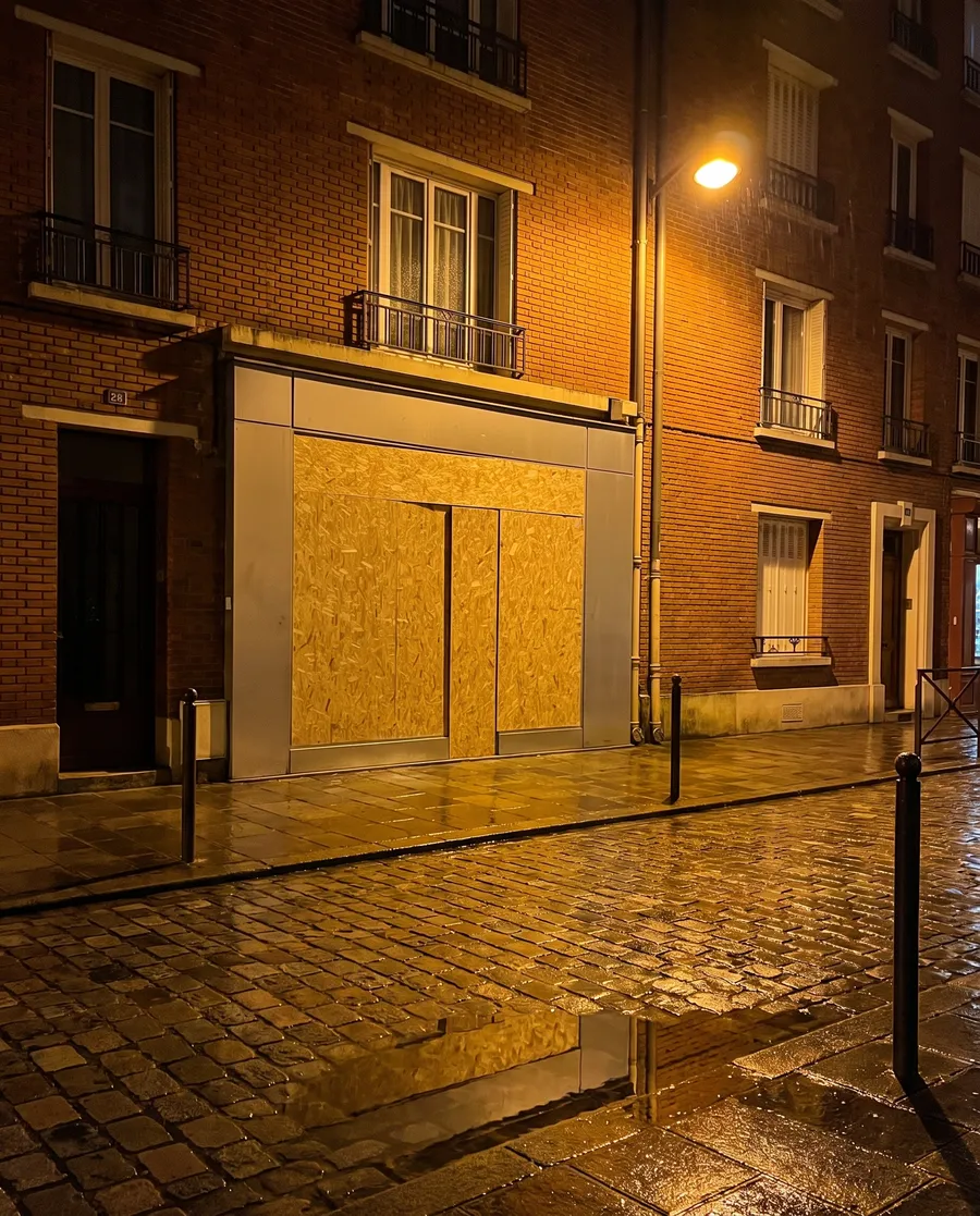 Vitrine d'une retoucherie fermée de nuit par des panneaux bois